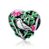 Charm en forme de coeur avec oiseau et arbre fleuri en argent 925