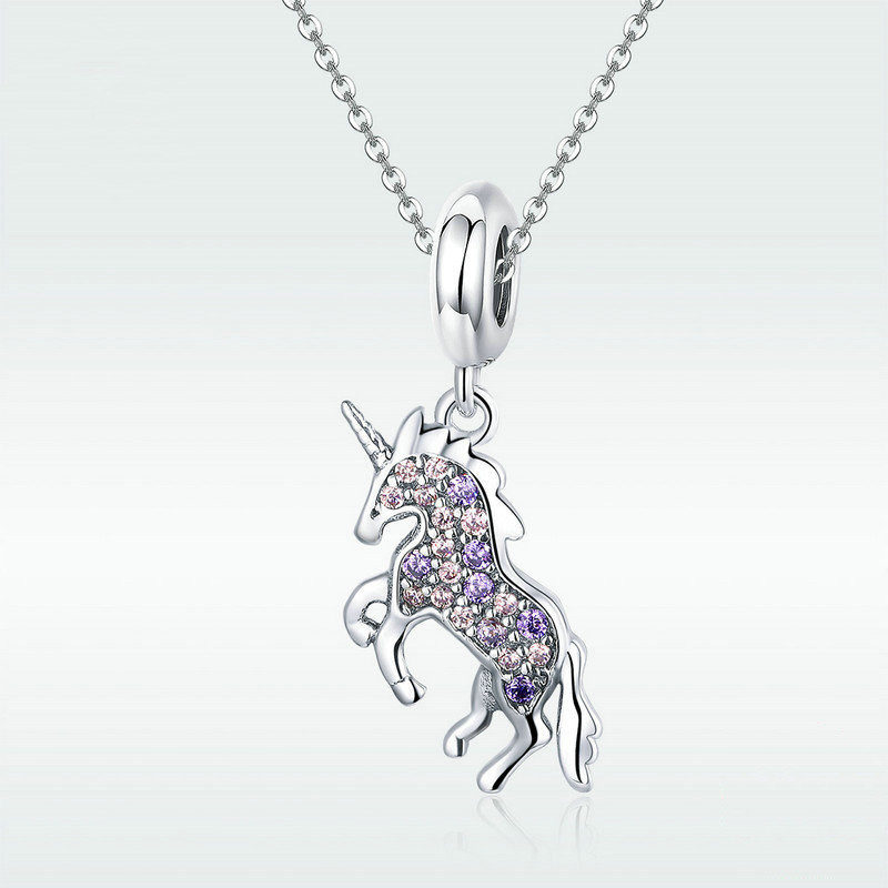 Charm pendentif licorne en strass violet et en argent 925